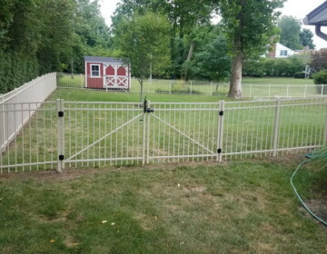 Courtyard Residential Beige Aluminum Fence with Double Gate in West Chester, OH. Courtyard residential beige aluminum fence